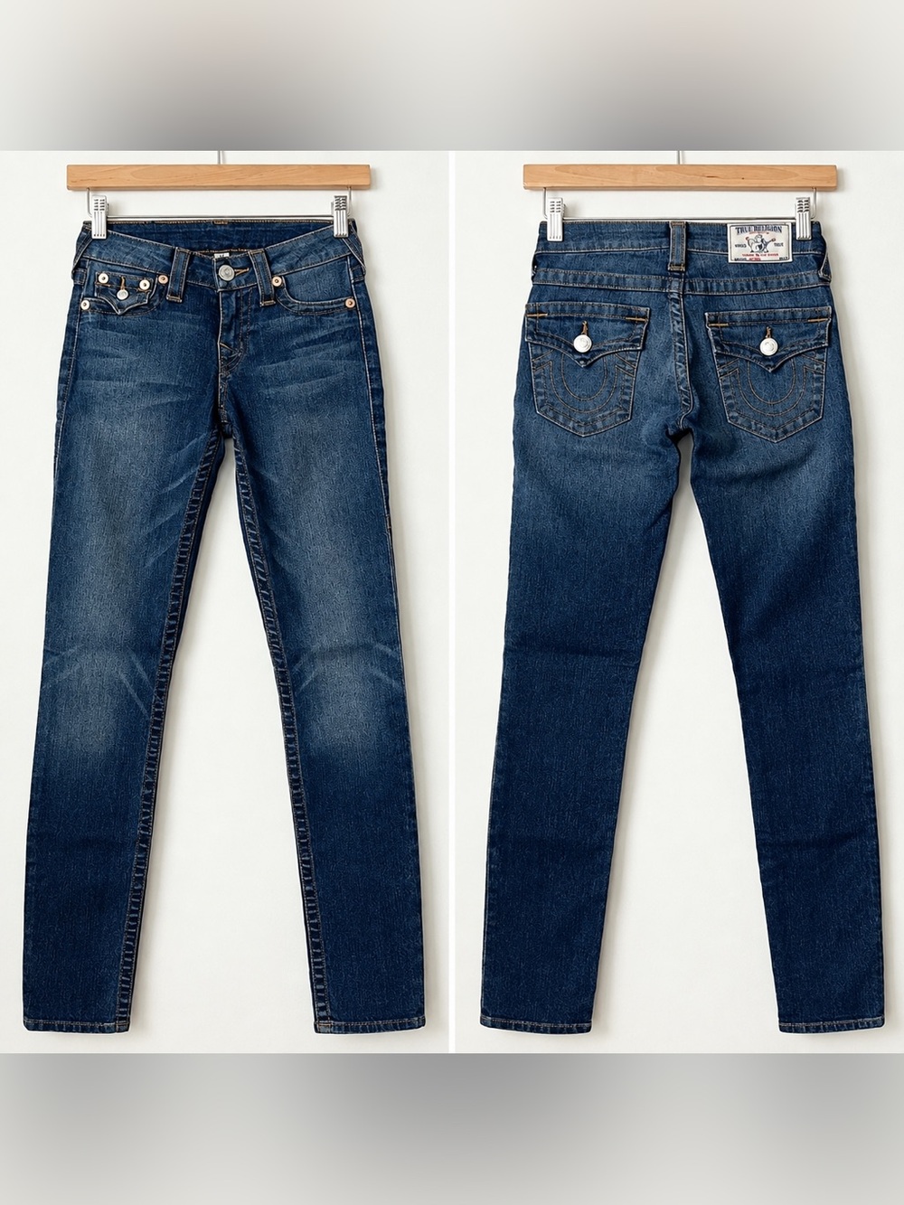 True Religion Women's Denim Jeans Size 24 Blue Skinny Low Rise Flap Pockets Sexy